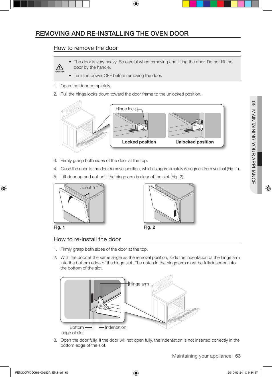 Removing and re-installing the oven door, How to remove the door, How to re-install the door | Samsung FE-N300** User Manual | Page 63 / 72