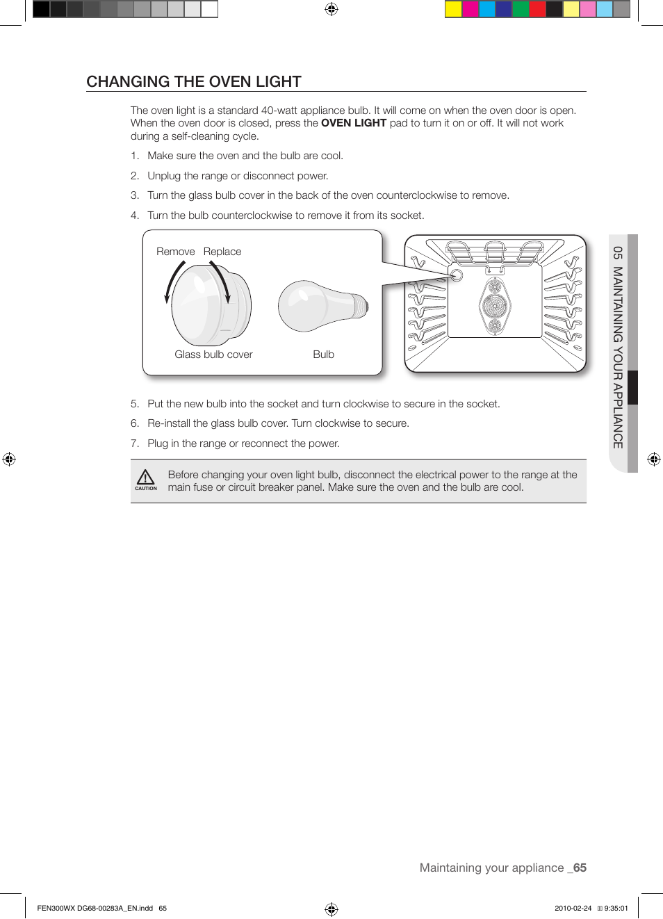 Changing the oven light | Samsung FE-N300** User Manual | Page 65 / 72