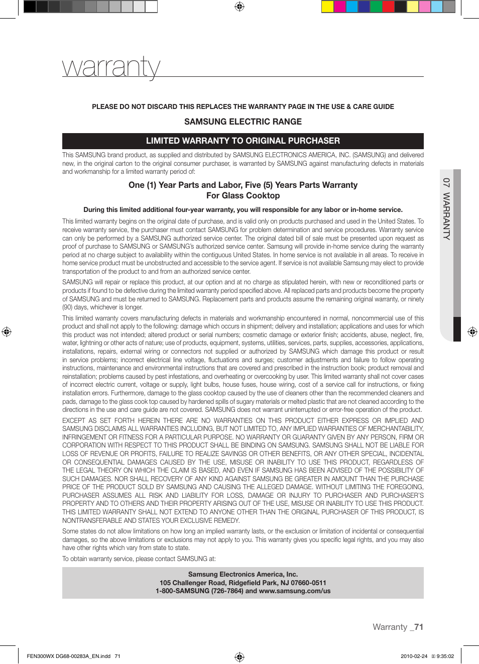 Warranty | Samsung FE-N300** User Manual | Page 71 / 72