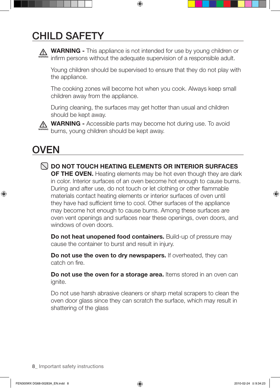 Child safety, Oven | Samsung FE-N300** User Manual | Page 8 / 72
