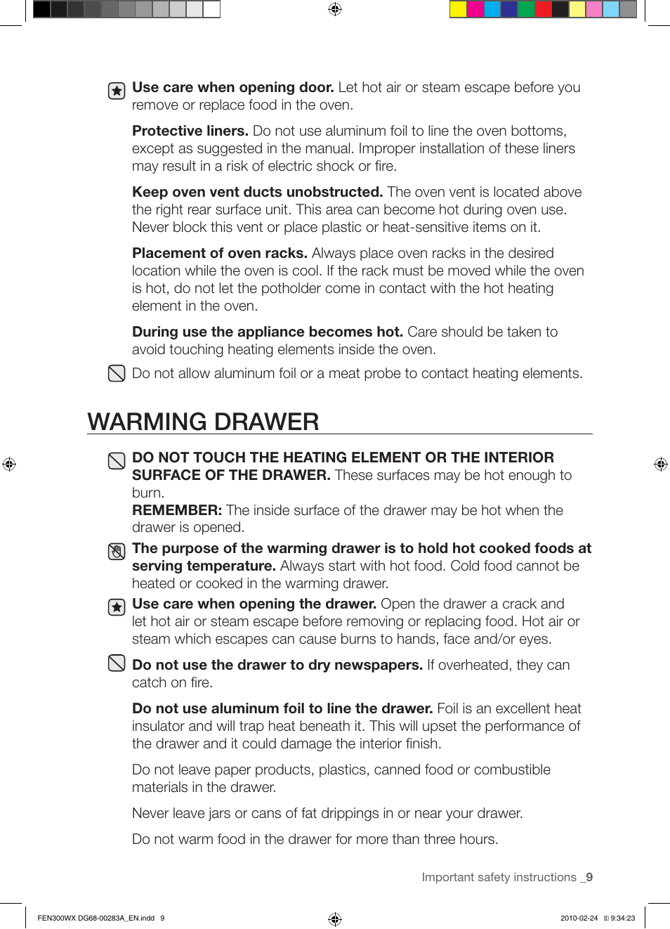 Warming drawer | Samsung FE-N300** User Manual | Page 9 / 72