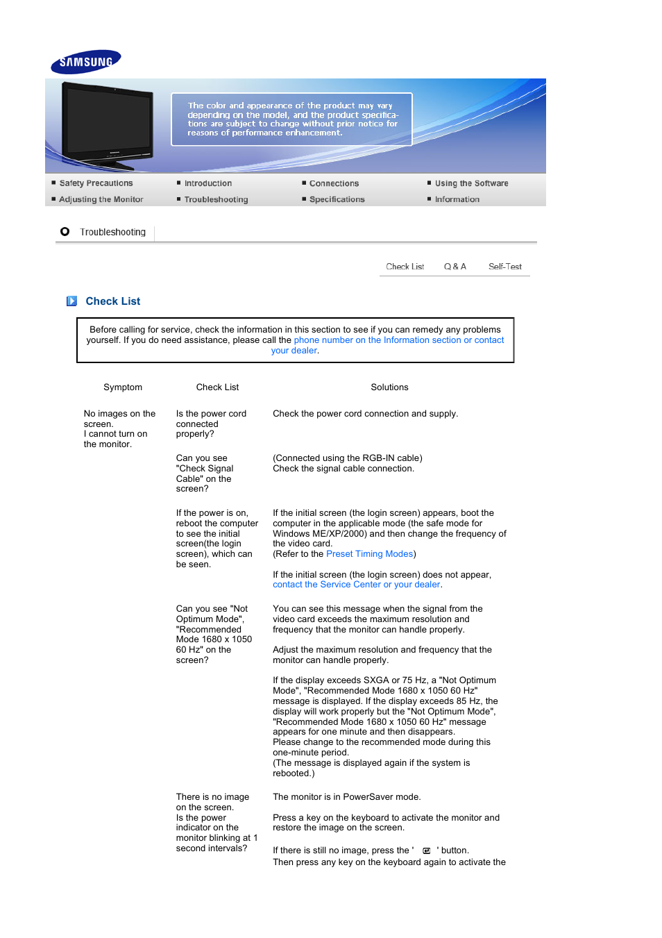 Troubleshooting, Check list | Samsung 225UN User Manual | Page 11 / 15