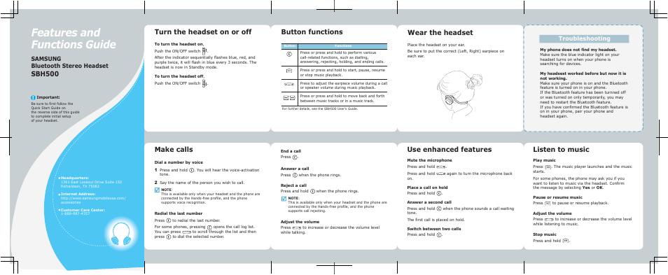 Features and functions guide, Sbh500, Turn the headset on or off | Make calls, Listen to music, Samsung bluetooth stereo headset, Troubleshooting | Samsung ASBH500JBECSTA User Manual | Page 2 / 2