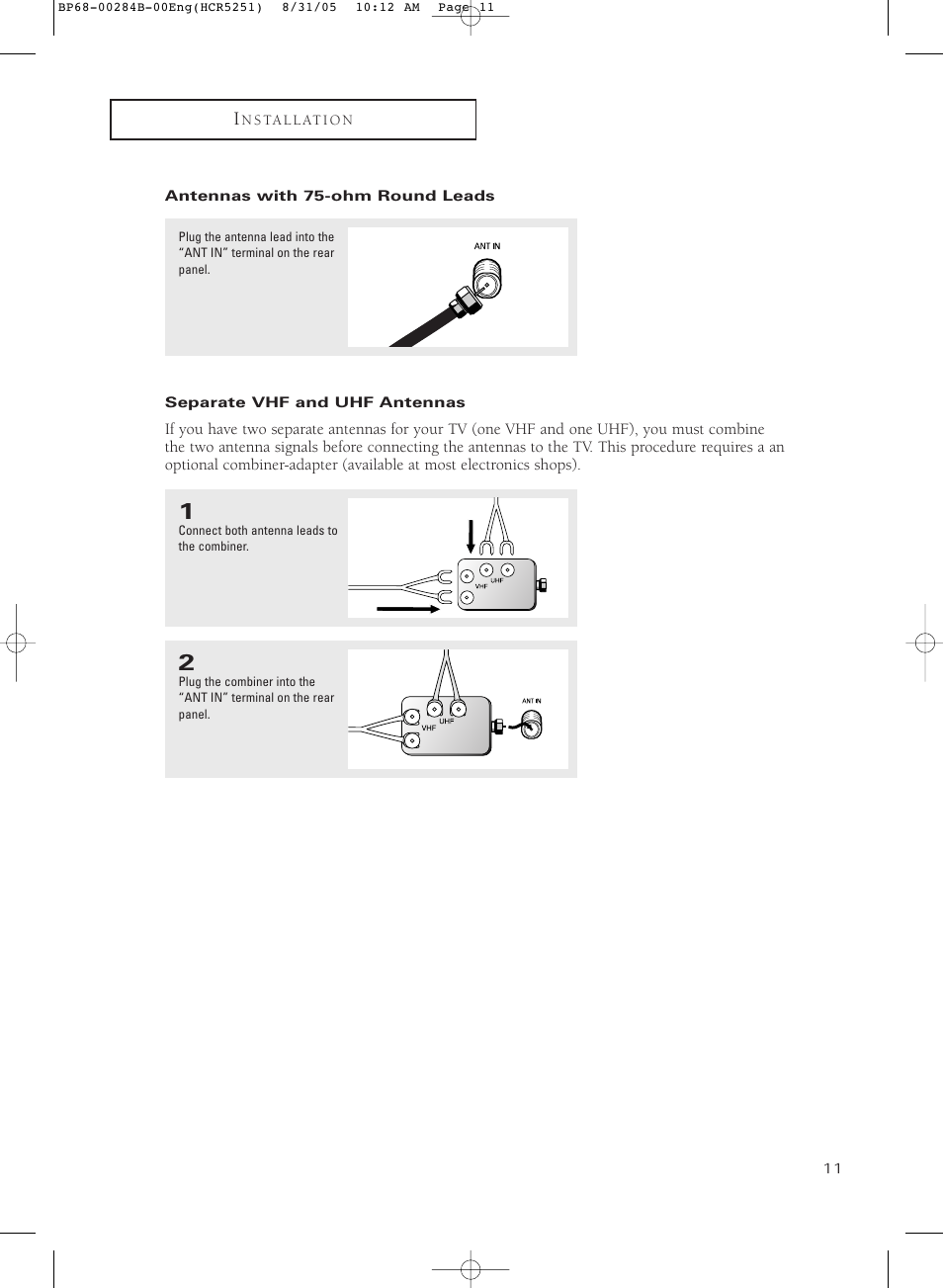 Antennas with 75-ohm round leads, Separate vhf and uhf antennas | Samsung HC-R5251W User Manual | Page 11 / 64