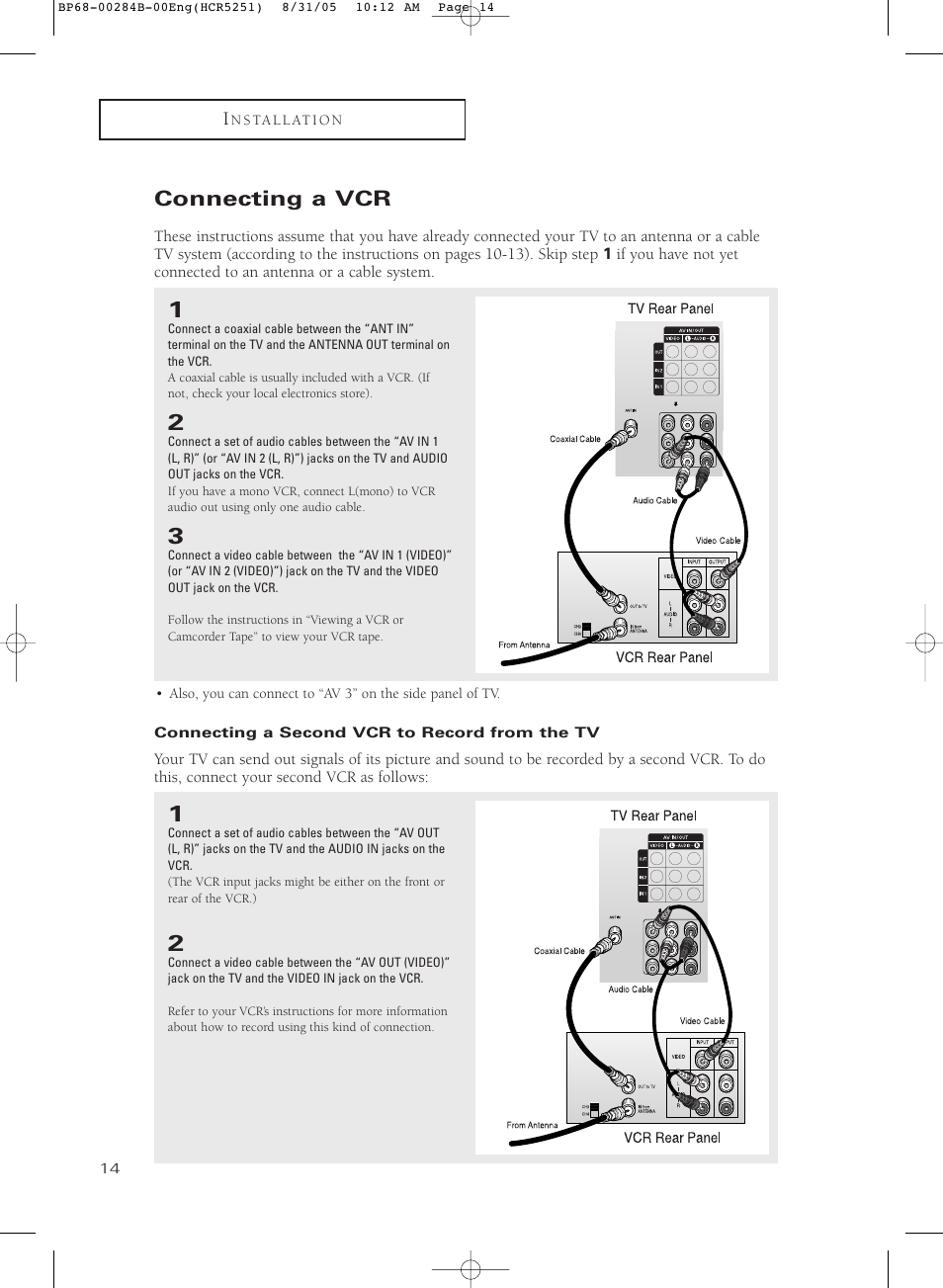 Connecting a vcr, Connecting a second vcr to record from the tv | Samsung HC-R5251W User Manual | Page 14 / 64