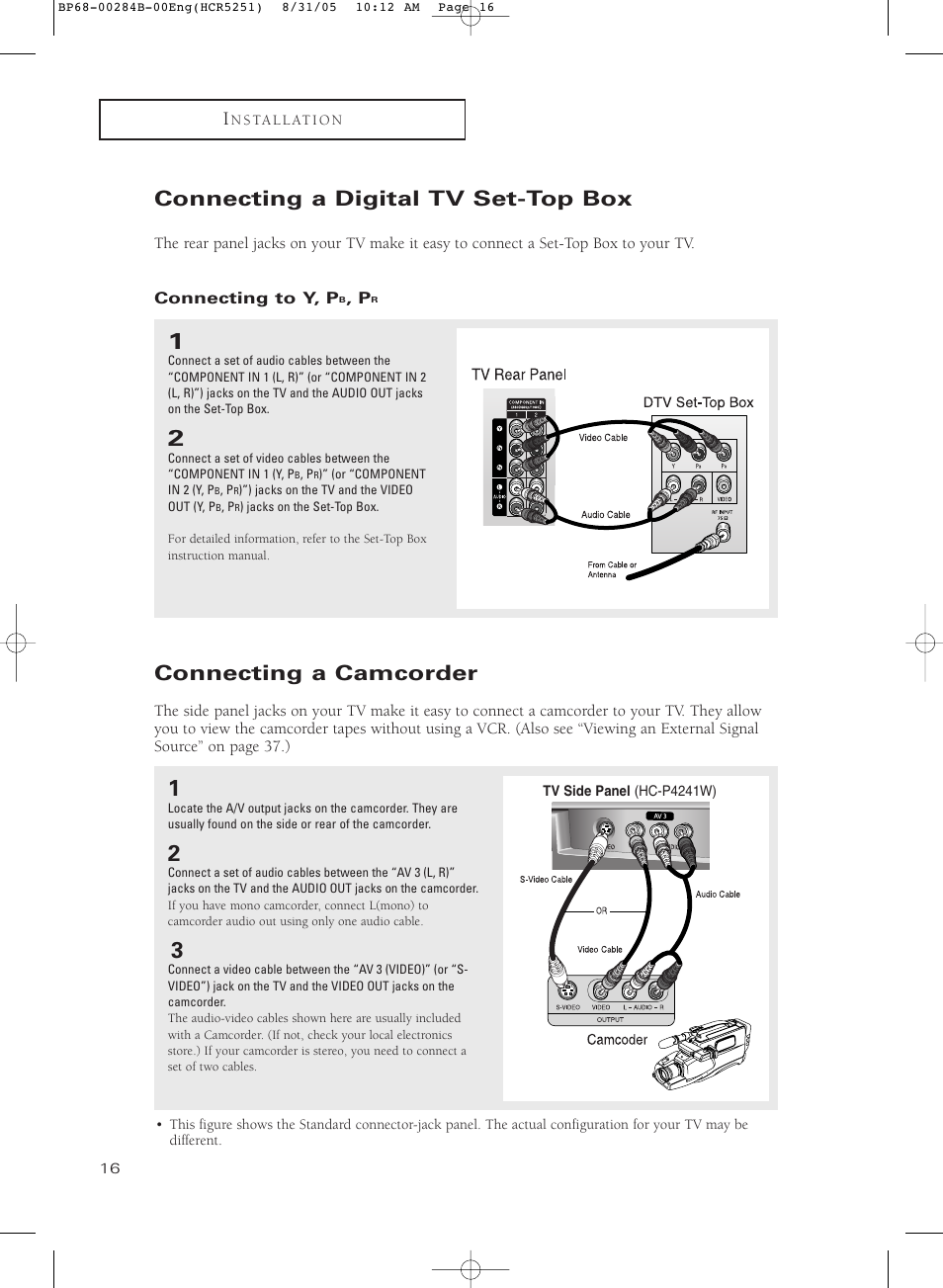 Connecting a digital tv set-top box, Connecting to y, pb, pr, Connecting a camcorder | Samsung HC-R5251W User Manual | Page 16 / 64