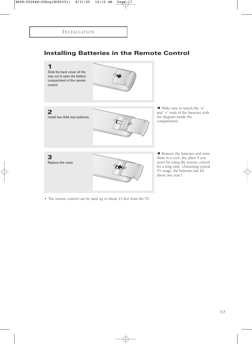 Installing batteries in the remote control | Samsung HC-R5251W User Manual | Page 17 / 64