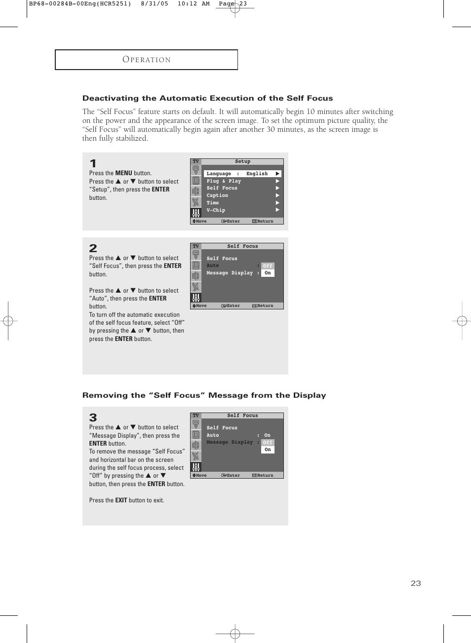 Removing the “self focus” message from the display | Samsung HC-R5251W User Manual | Page 23 / 64