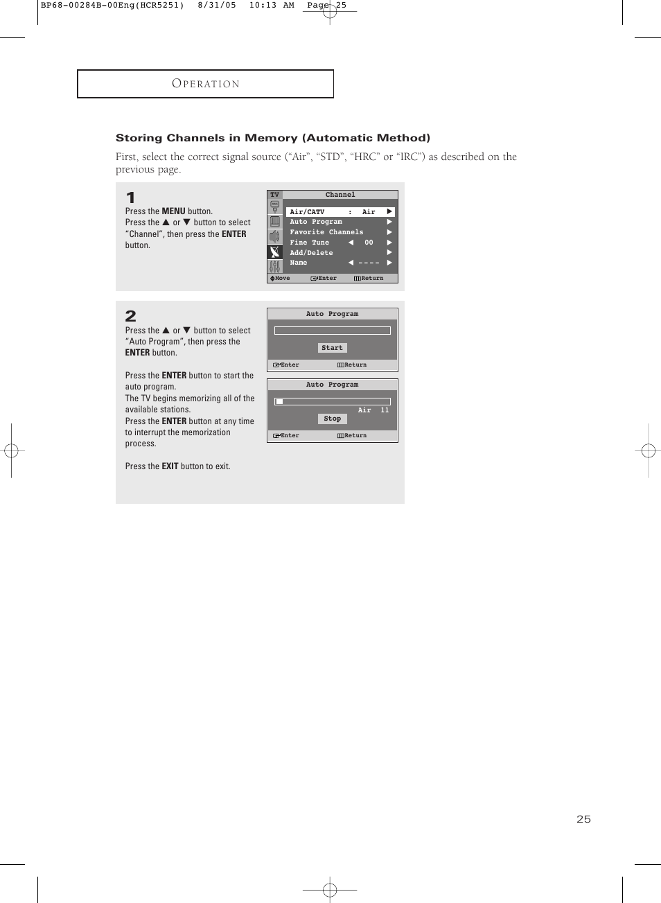 Storing channels in memory(automatic method) | Samsung HC-R5251W User Manual | Page 25 / 64