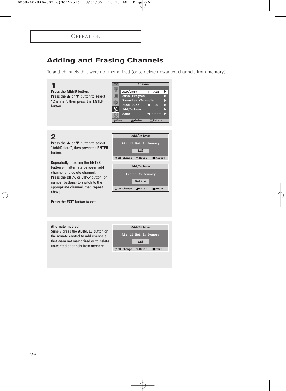 Adding and erasing channels | Samsung HC-R5251W User Manual | Page 26 / 64