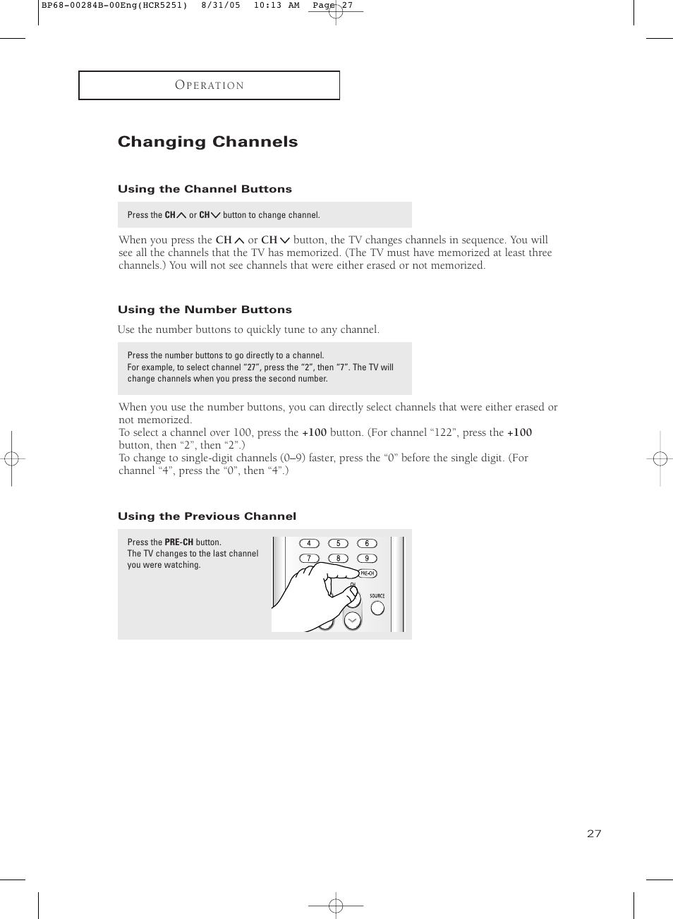 Changing channels, Using the channel buttons, Using the number buttons | Using the previous channel | Samsung HC-R5251W User Manual | Page 27 / 64