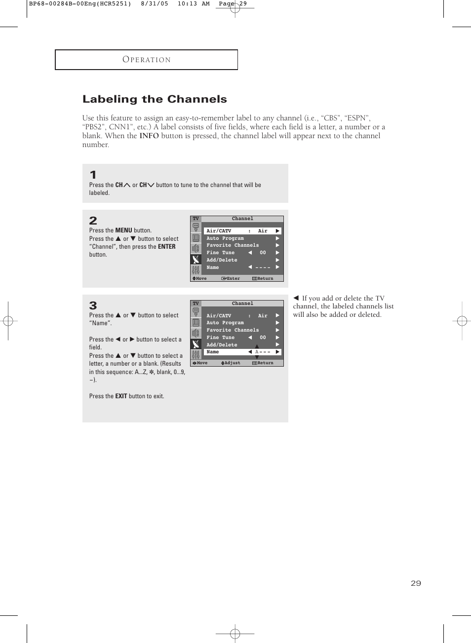 Labeling the channels | Samsung HC-R5251W User Manual | Page 29 / 64