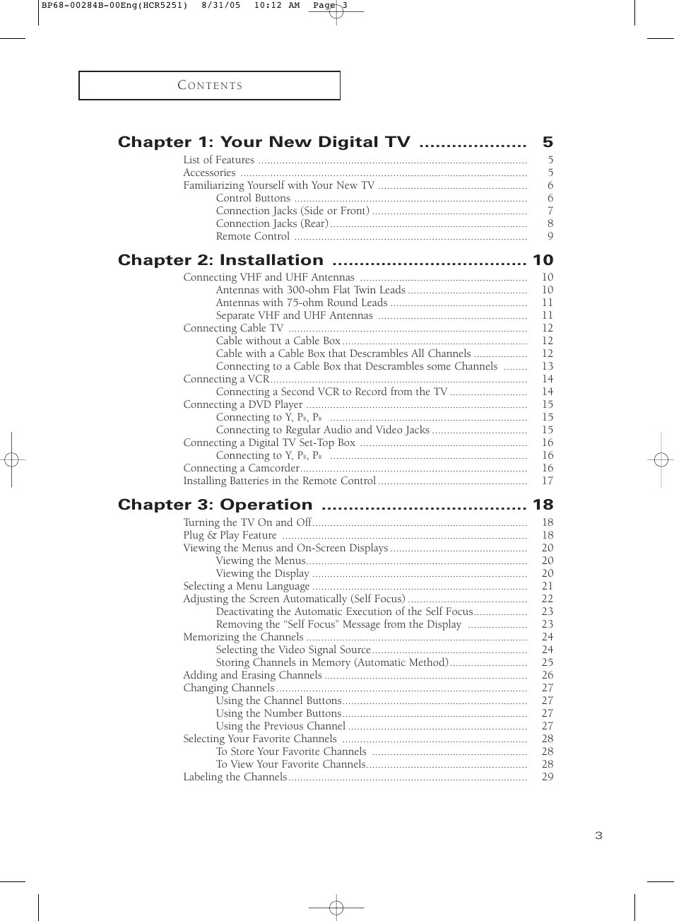 Chapter 1: your new digital tv, Chapter 2: installation, Chapter 3: operation | Samsung HC-R5251W User Manual | Page 3 / 64