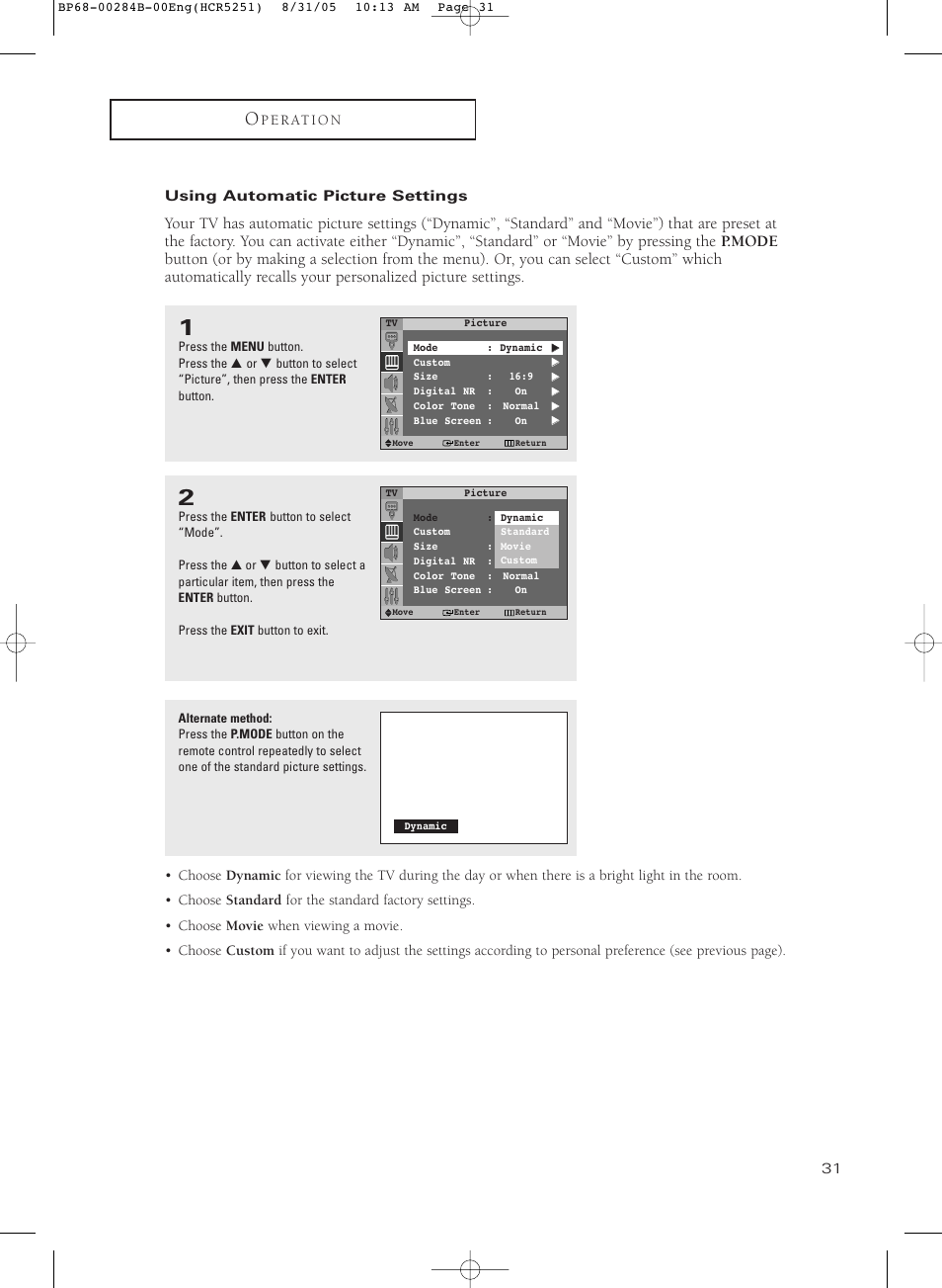 Using automatic picture settings | Samsung HC-R5251W User Manual | Page 31 / 64