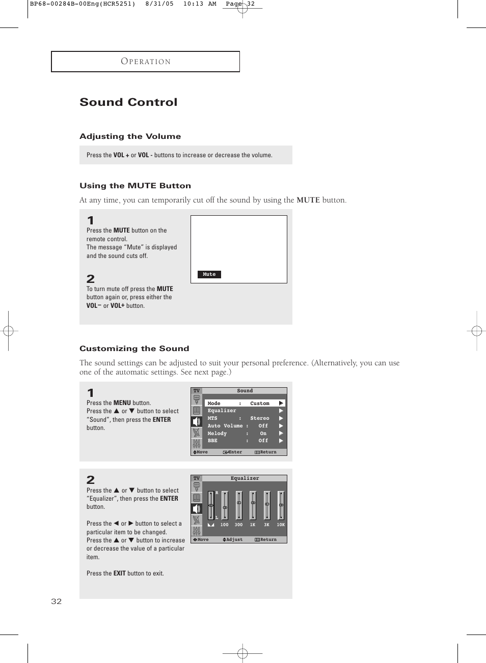 Sound control, Adjusting the volume, Using the mute button | Customizing the sound | Samsung HC-R5251W User Manual | Page 32 / 64