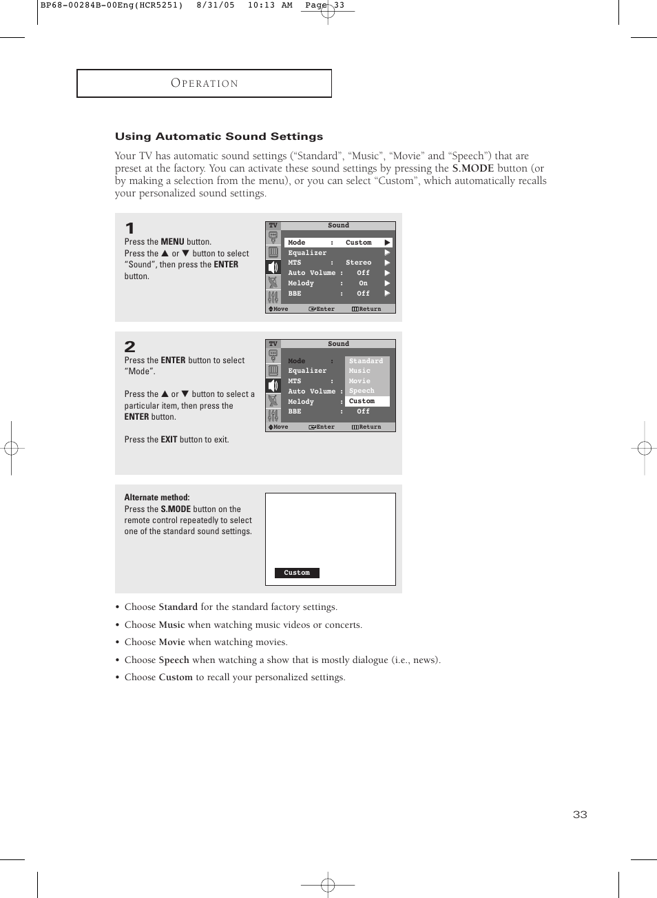 Using automatic sound settings | Samsung HC-R5251W User Manual | Page 33 / 64