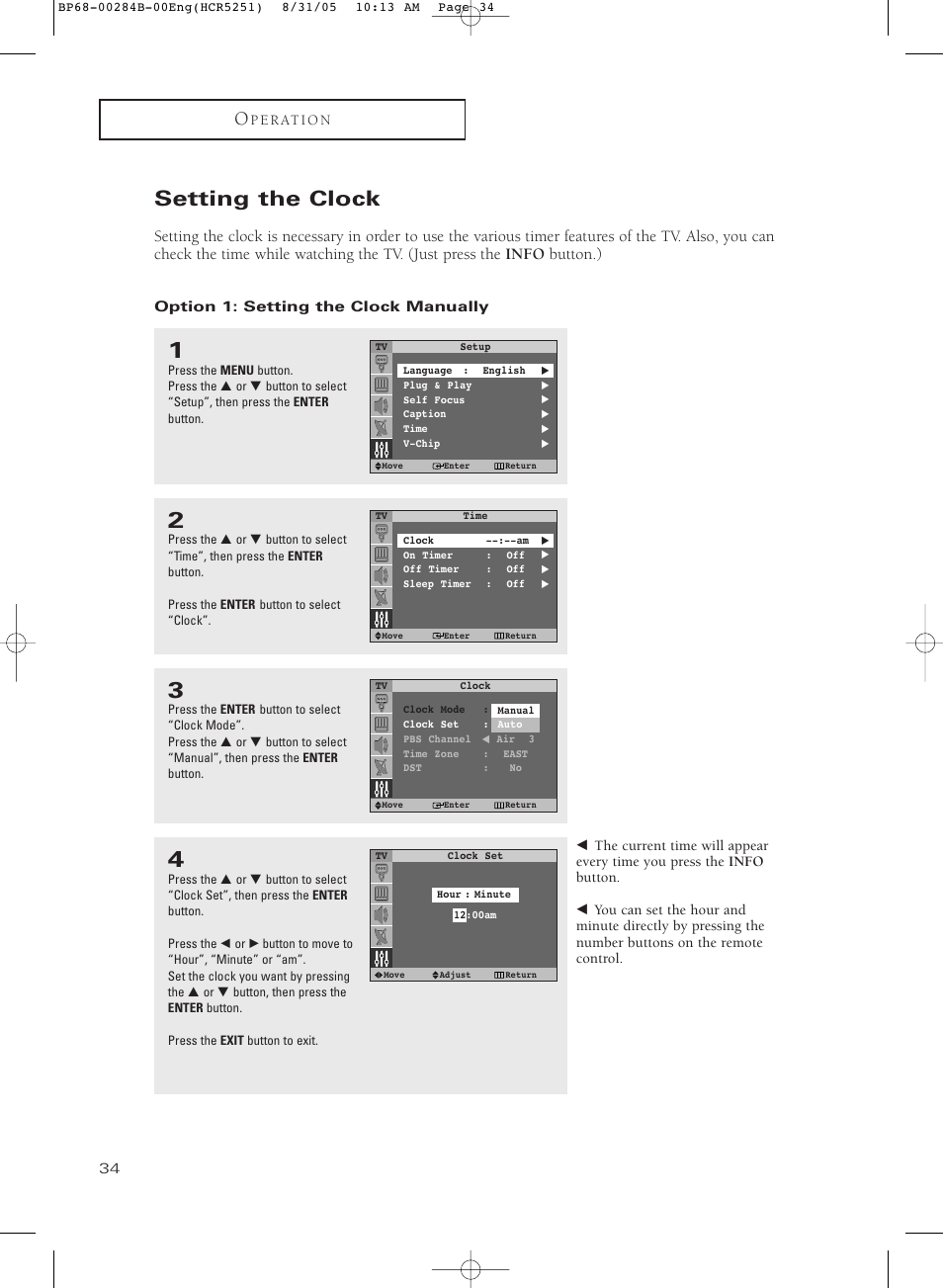 Setting the clock, Option 1: setting the clock manually | Samsung HC-R5251W User Manual | Page 34 / 64