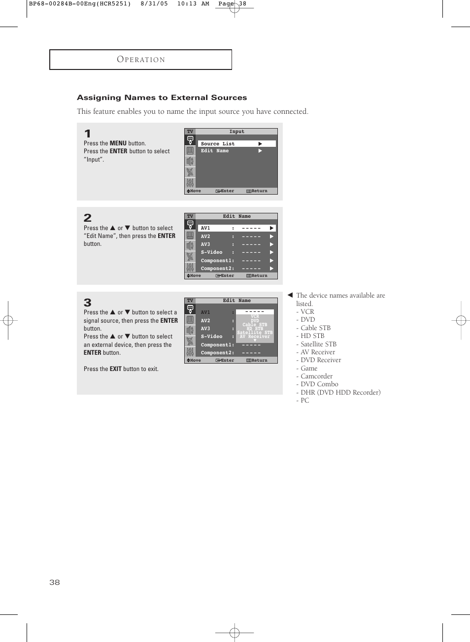 Assigning names to external sources | Samsung HC-R5251W User Manual | Page 38 / 64