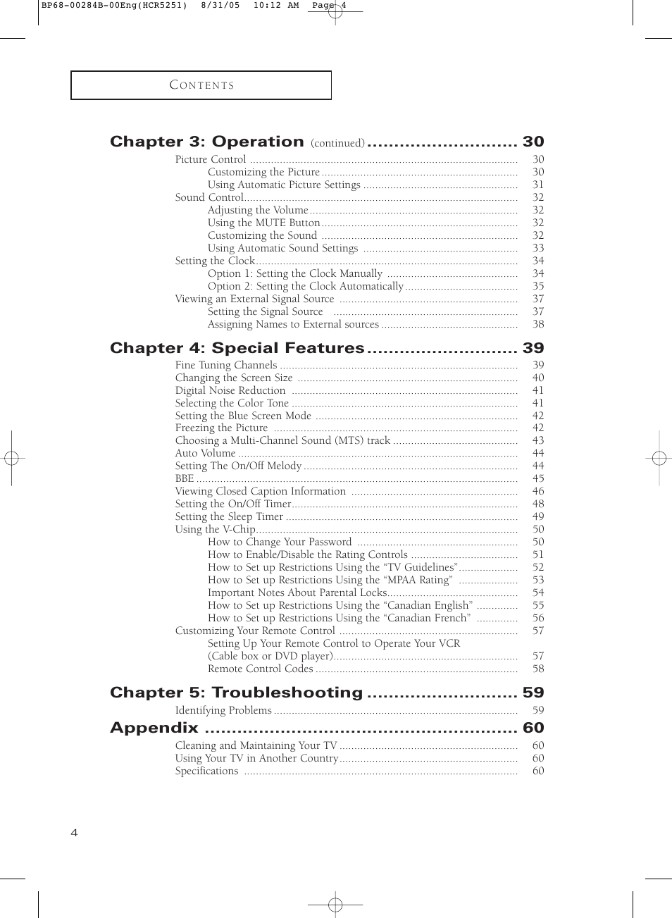 Chapter 3: operation, Chapter 4: special features, Chapter 5: troubleshooting | Appendix | Samsung HC-R5251W User Manual | Page 4 / 64