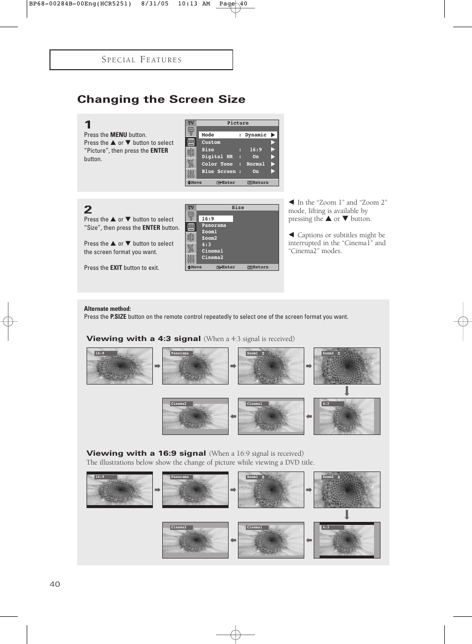 Changing the screen size | Samsung HC-R5251W User Manual | Page 40 / 64
