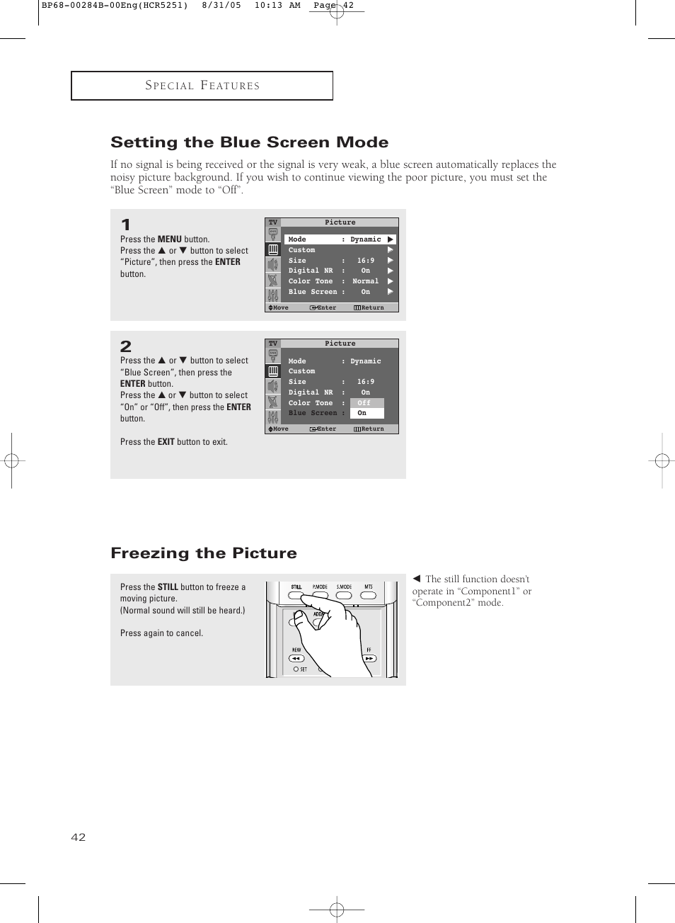 Setting the blue screen mode, Freezing the picture | Samsung HC-R5251W User Manual | Page 42 / 64