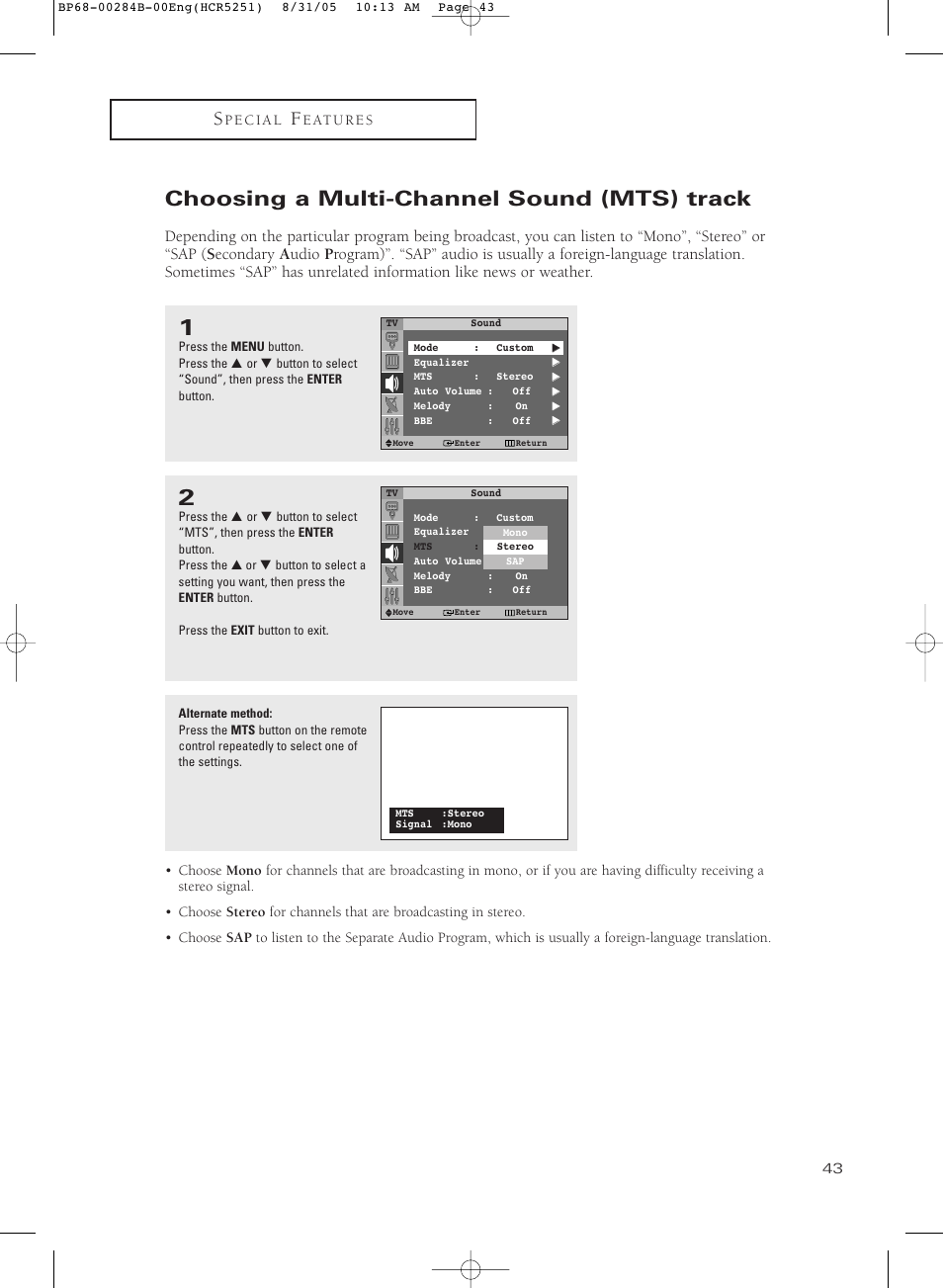 Choosing a multi-channel sound(mts) track, Choosing a multi-channel sound (mts) track | Samsung HC-R5251W User Manual | Page 43 / 64