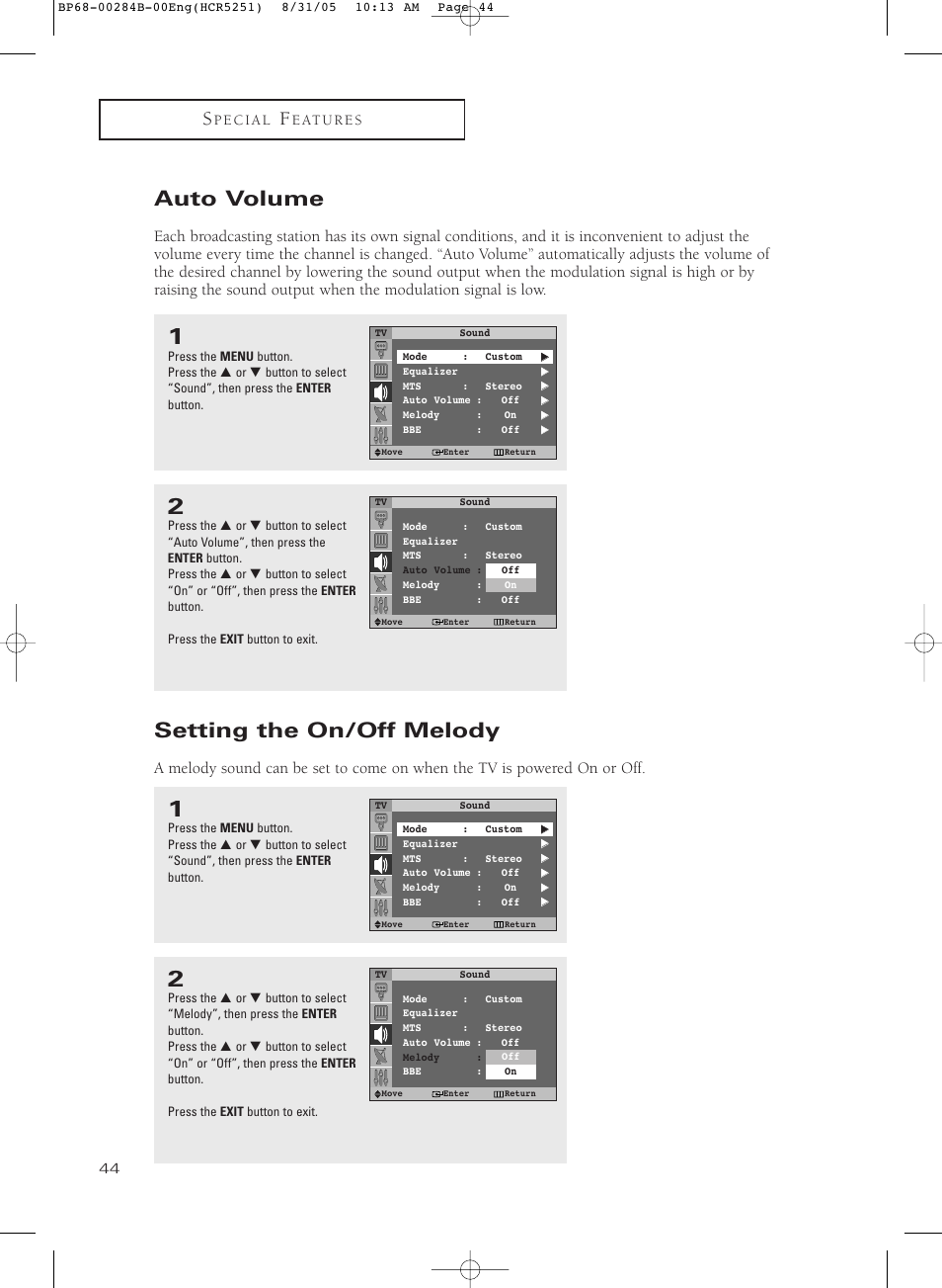 Auto volume, Setting the on/off melody | Samsung HC-R5251W User Manual | Page 44 / 64