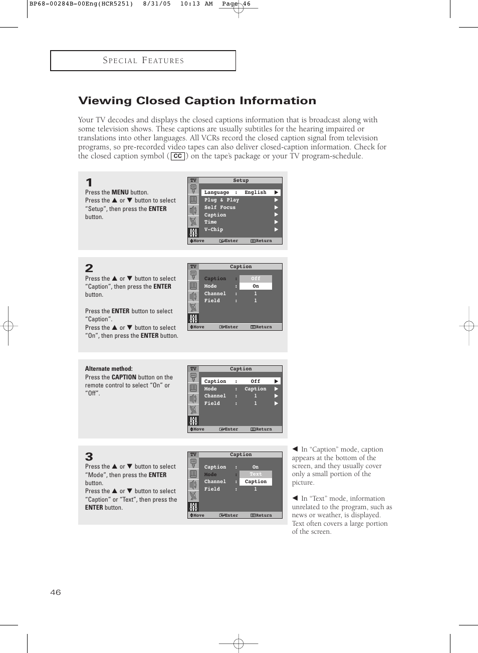 Viewing closed caption information | Samsung HC-R5251W User Manual | Page 46 / 64