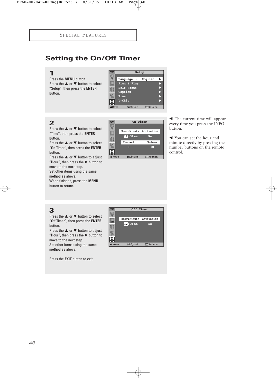 Setting the on/off timer | Samsung HC-R5251W User Manual | Page 48 / 64