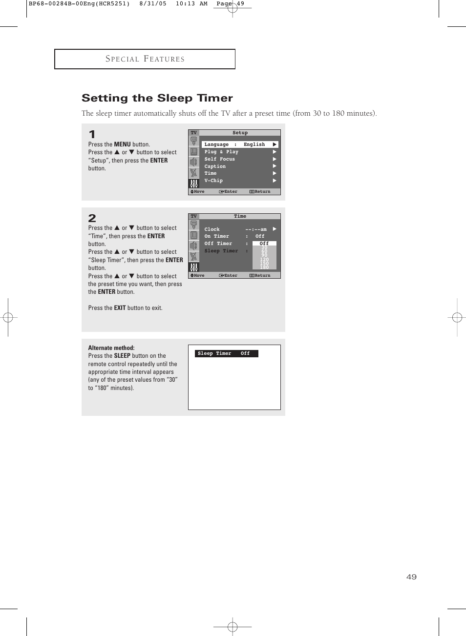 Setting the sleep timer | Samsung HC-R5251W User Manual | Page 49 / 64