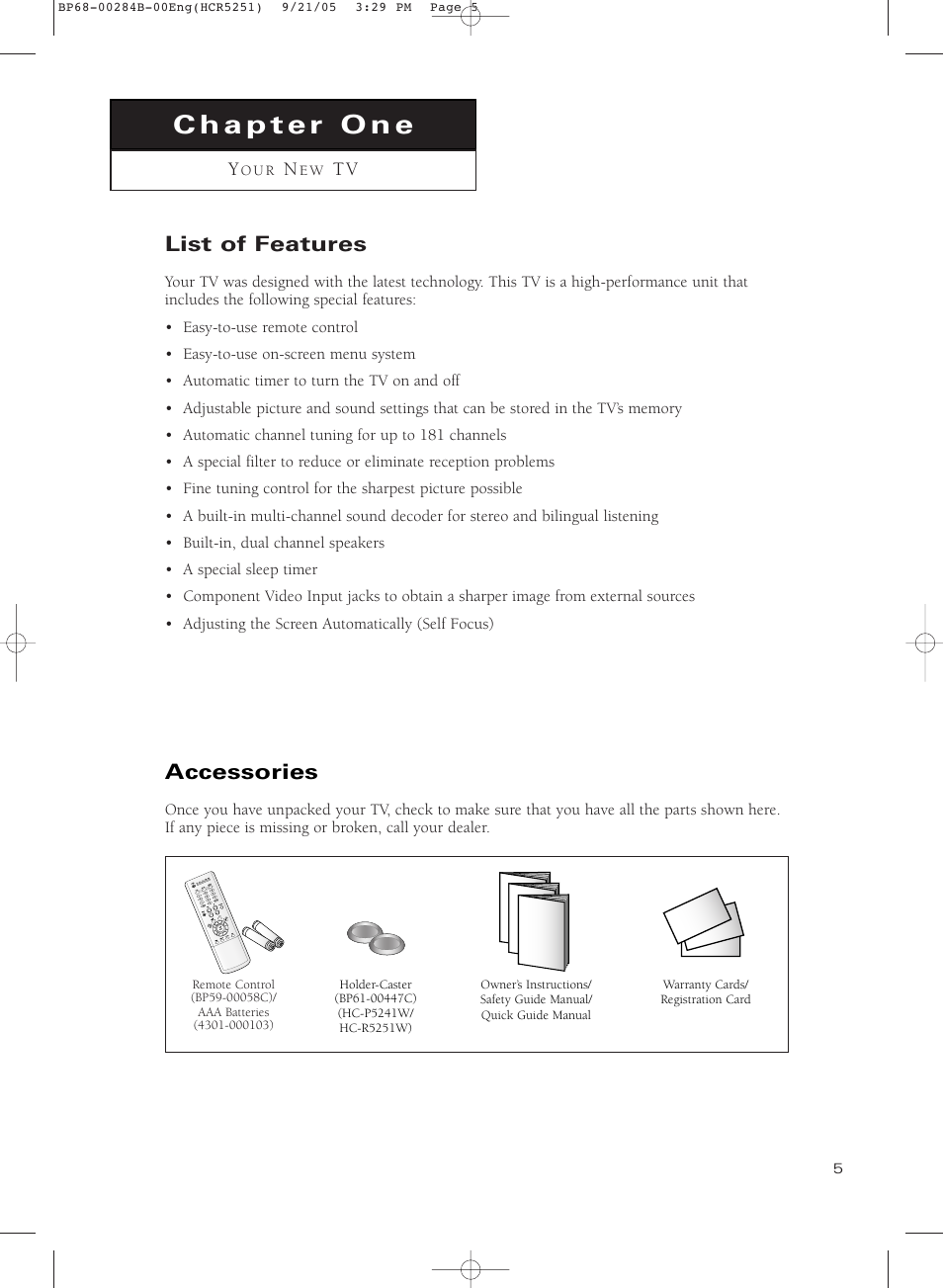 Chapter 1: your new digital tv, List of features, Accessories | Samsung HC-R5251W User Manual | Page 5 / 64