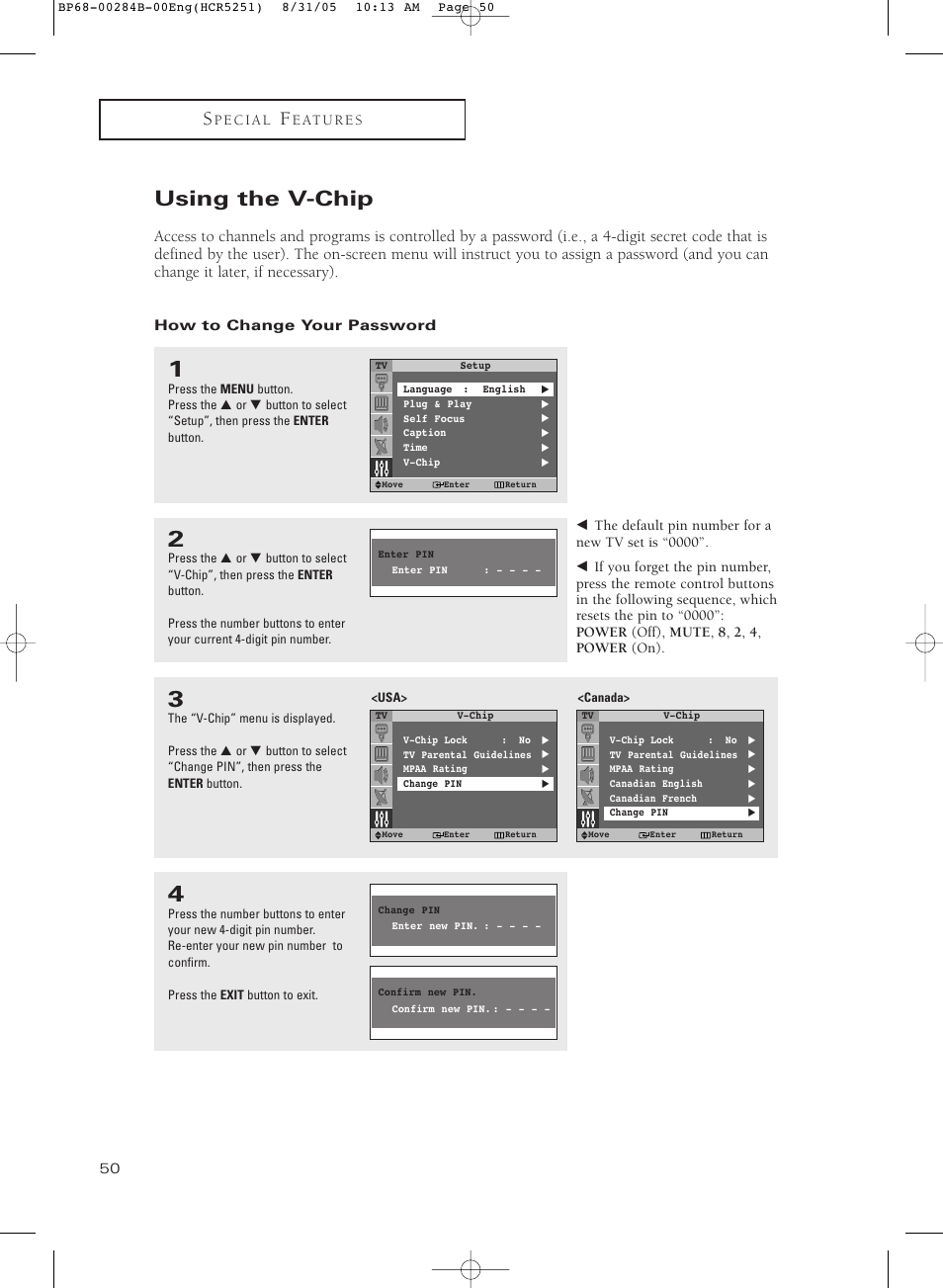 Using the v-chip, How to change your password | Samsung HC-R5251W User Manual | Page 50 / 64