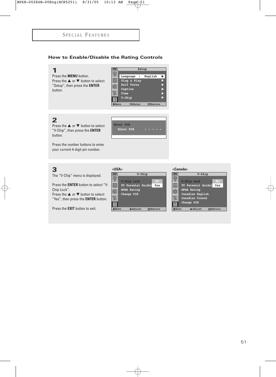 How to enable/disable the rating controls | Samsung HC-R5251W User Manual | Page 51 / 64