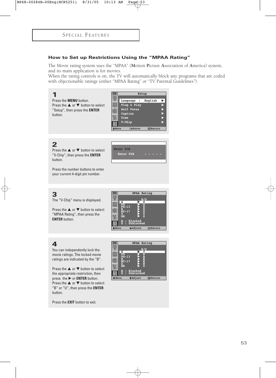 How to set up restrictions using the “mpaa rating | Samsung HC-R5251W User Manual | Page 53 / 64