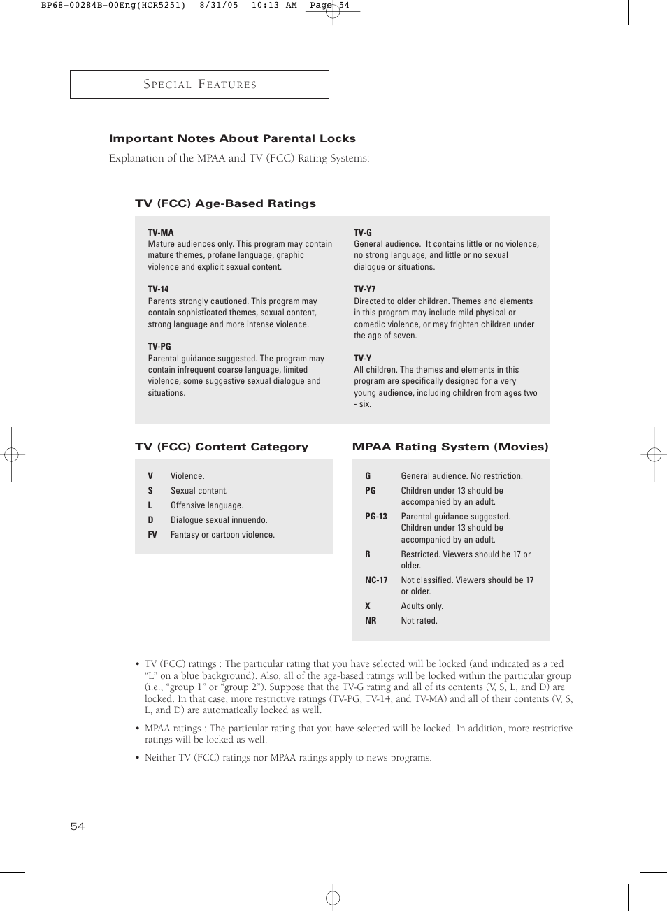 Important notes about parental locks | Samsung HC-R5251W User Manual | Page 54 / 64