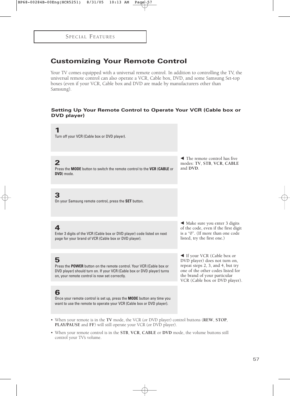 Customizing your remote control | Samsung HC-R5251W User Manual | Page 57 / 64