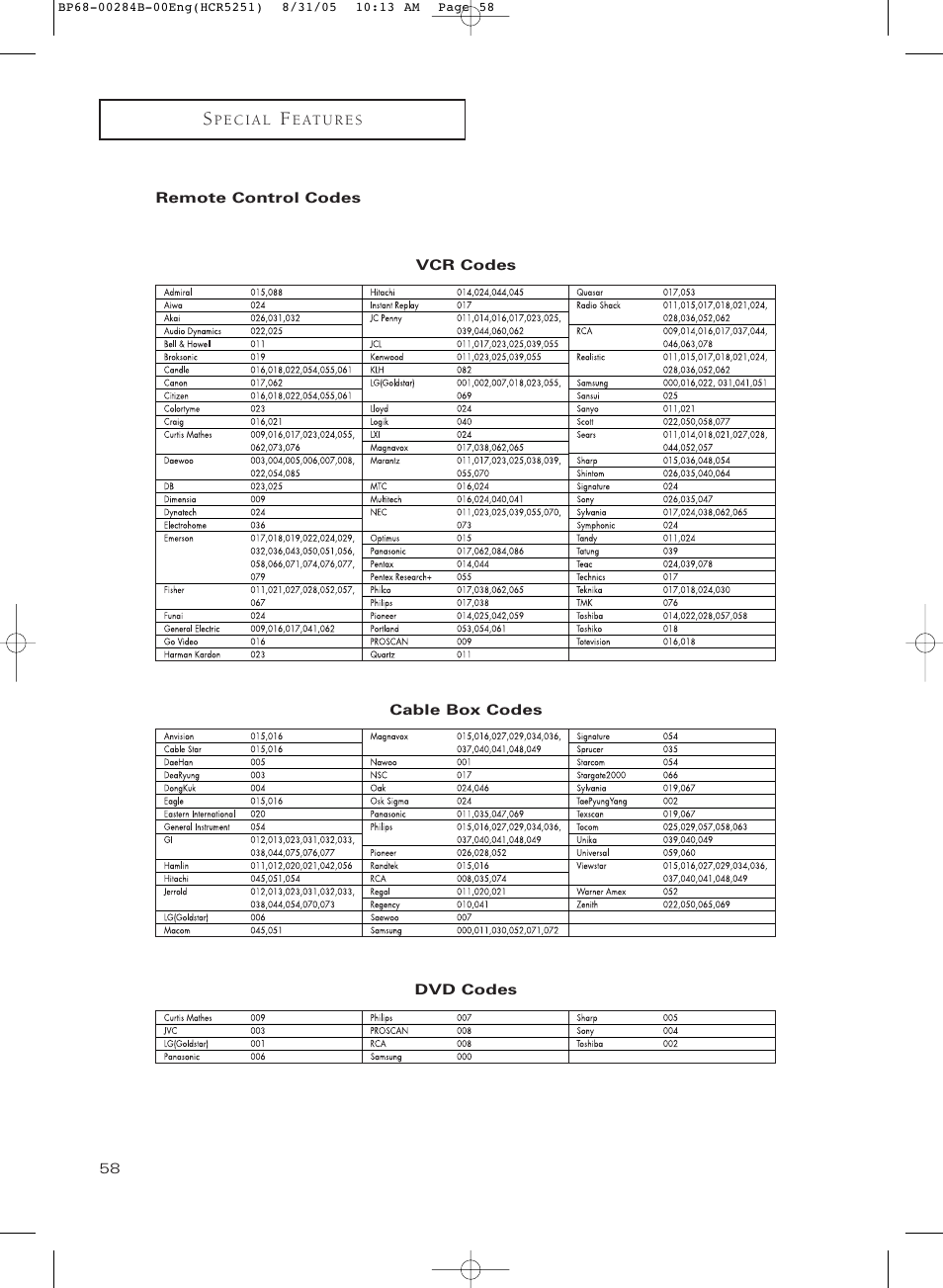 Remote control codes | Samsung HC-R5251W User Manual | Page 58 / 64