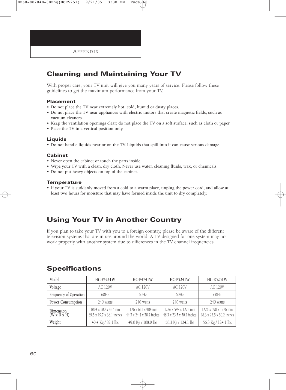 Appendix, Cleaning and maintaining your tv, Using your tv in another country | Specifications | Samsung HC-R5251W User Manual | Page 60 / 64