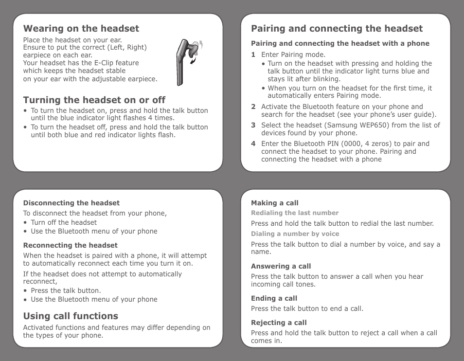 Wearing on the headset, Turning the headset on or off, Pairing and connecting the headset | Using call functions | Samsung GH68-21227A User Manual | Page 2 / 2