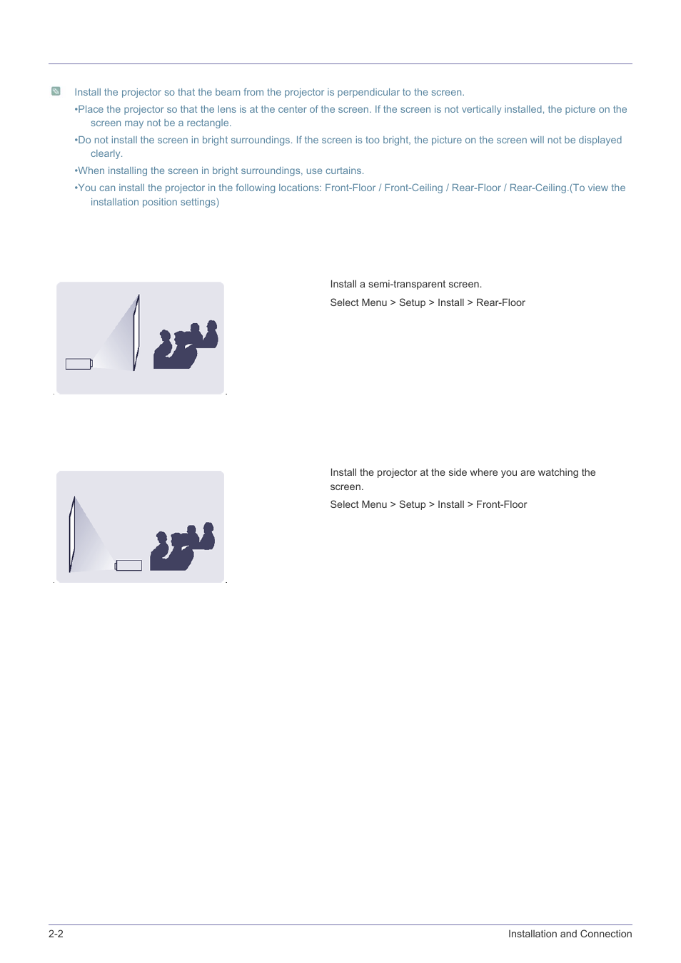 2 installing the projector, Installing the projector -2 | Samsung SP-P410M User Manual | Page 11 / 54