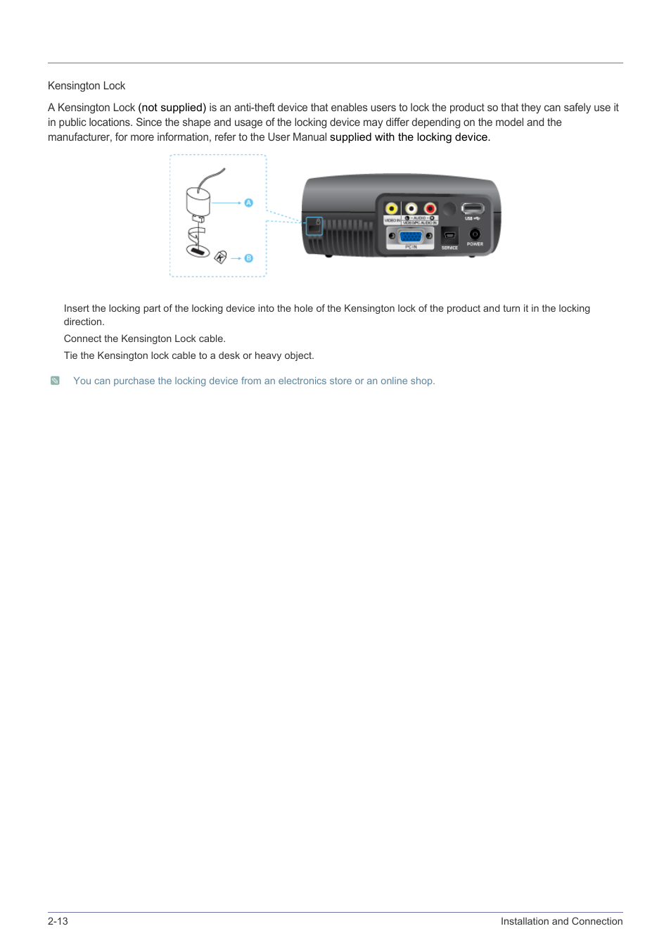 13 kensington lock, Kensington lock -13 | Samsung SP-P410M User Manual | Page 23 / 54