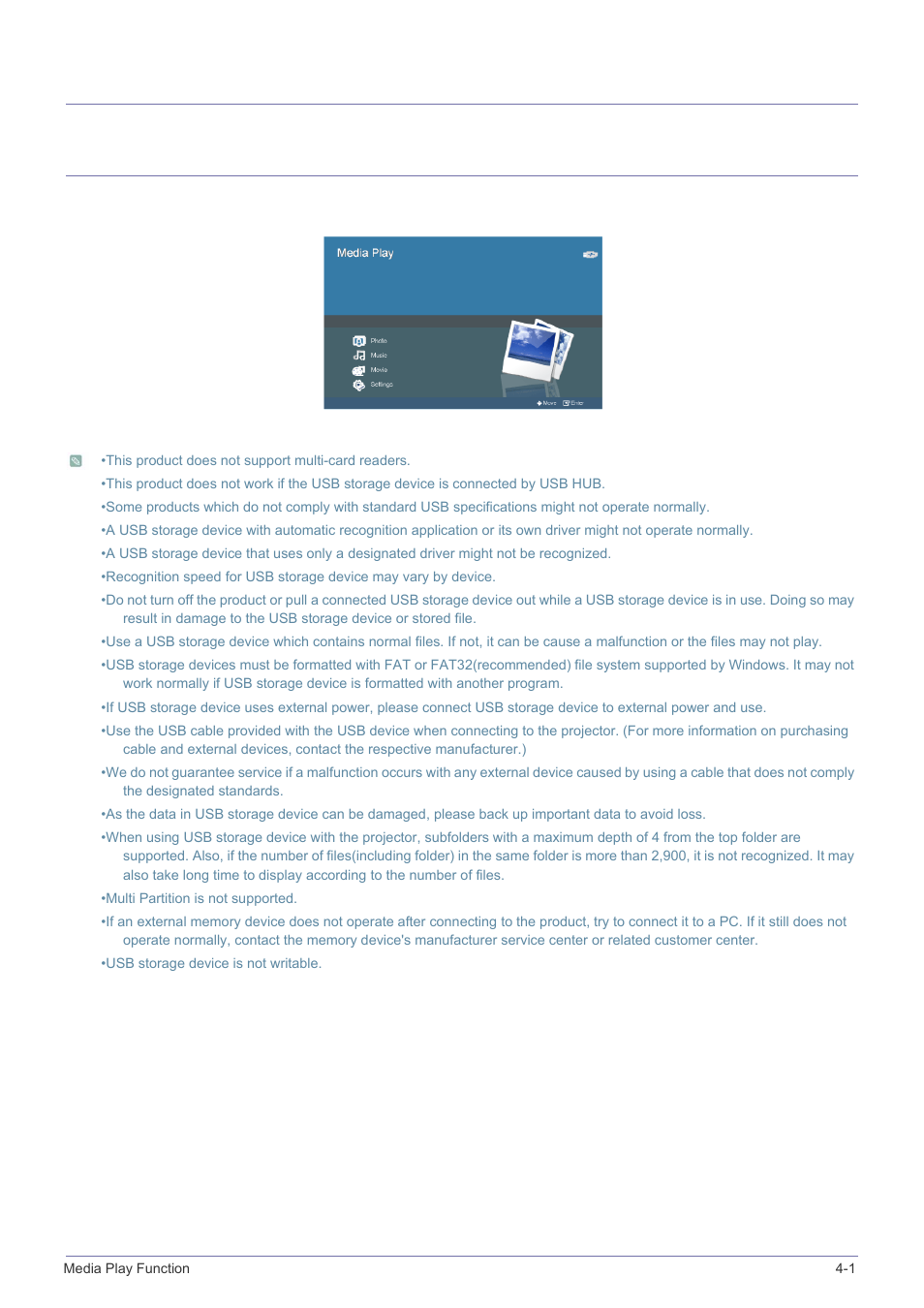 4 media play function, 1 precautions on using a usb storage device, Media play function | Precautions on using a usb storage device -1, 4media play function | Samsung SP-P410M User Manual | Page 34 / 54