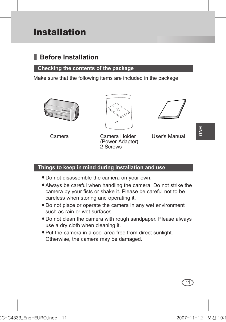 Installation, Before installation, Checking the contents of the package | Things to keep in mind during installation and use | Samsung C4235(P) User Manual | Page 11 / 240