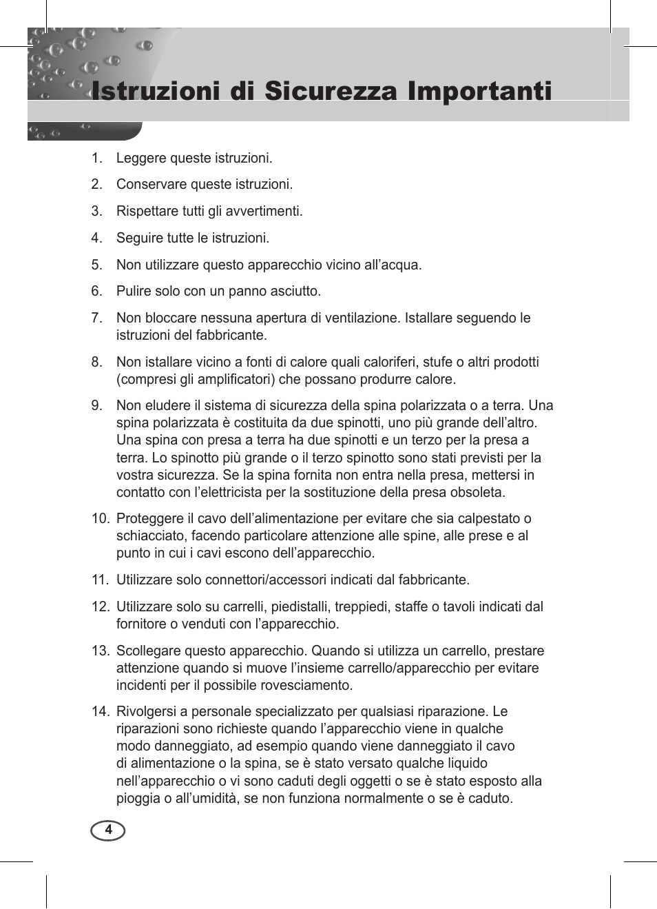 Istruzioni di sicurezza importanti | Samsung C4235(P) User Manual | Page 164 / 240