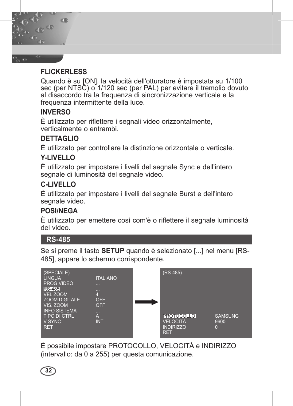 Flickerless, Inverso, Dettaglio | Y-livello, C-livello, Posi/nega, Rs-85 | Samsung C4235(P) User Manual | Page 192 / 240