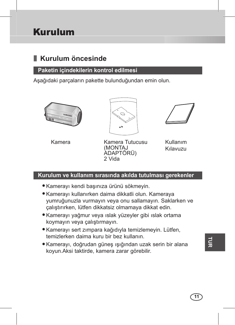 Kurulum, Kurulum öncesinde, Paketin içindekilerin kontrol edilmesi | Samsung C4235(P) User Manual | Page 211 / 240