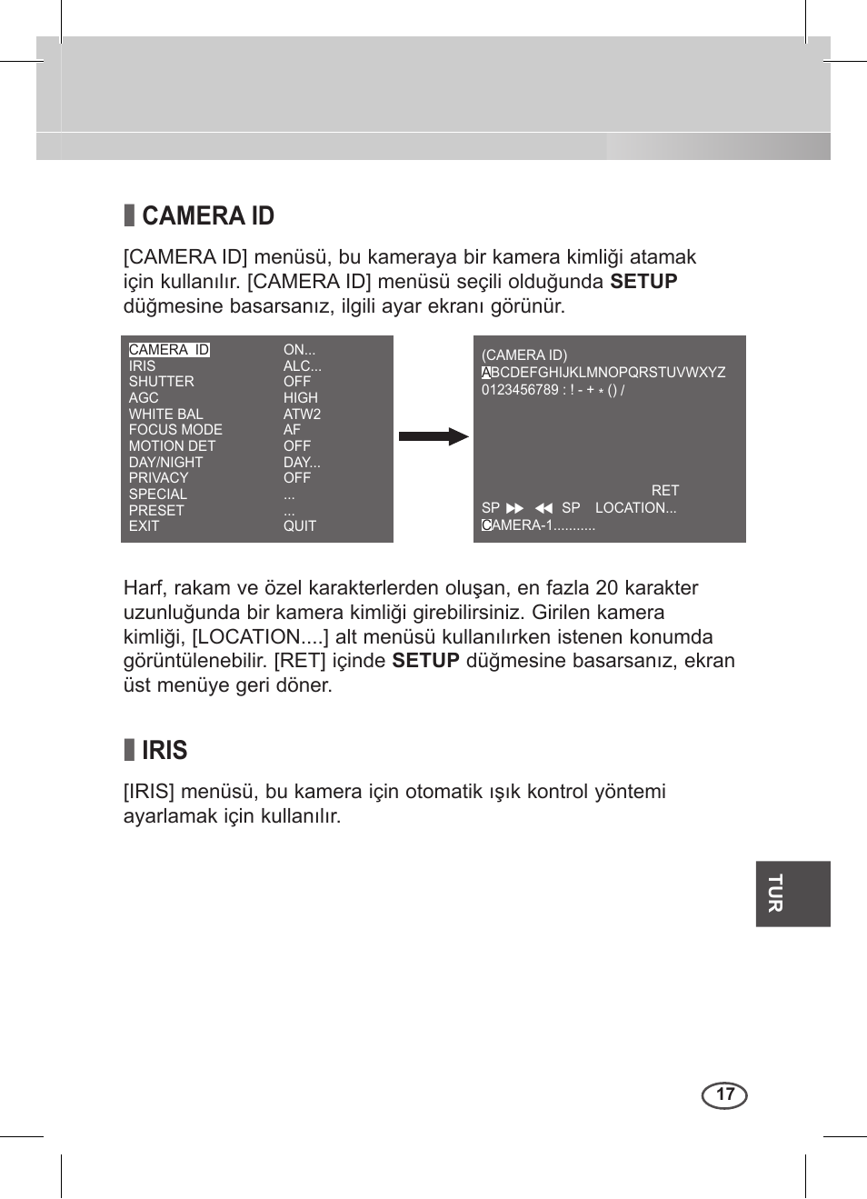 Camera id, Iris | Samsung C4235(P) User Manual | Page 217 / 240