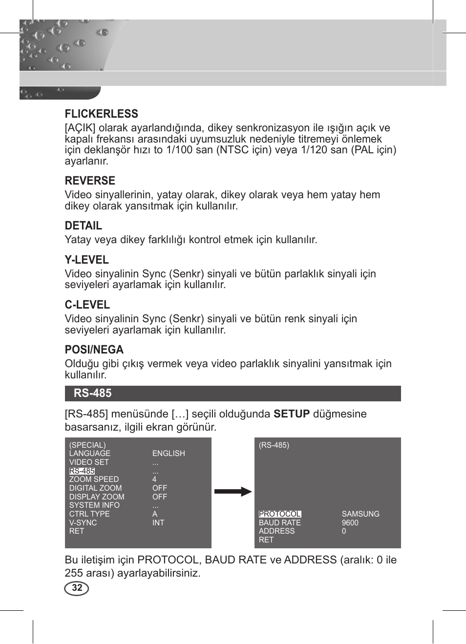 Flickerless, Reverse, Detail | Y-le�el, C-le�el, Posi/nega, Rs-85 | Samsung C4235(P) User Manual | Page 232 / 240