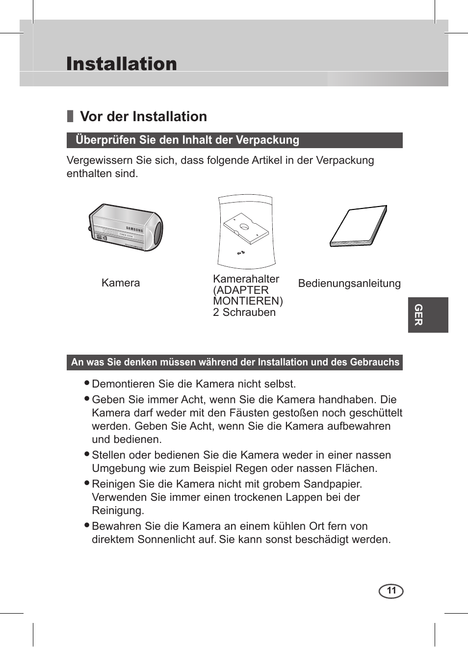 Installation, Vor der installation, Überprüfen sie den inhalt der verpackung | Samsung C4235(P) User Manual | Page 51 / 240