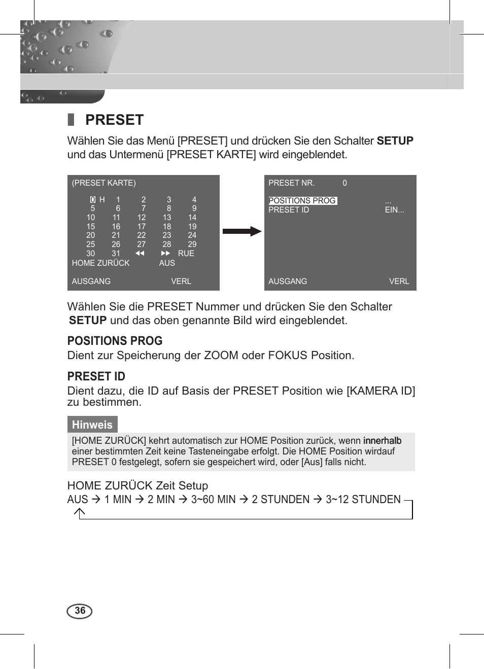 Preset, Positions prog, Preset id | Dient zur speicherung der zoom oder fokus position | Samsung C4235(P) User Manual | Page 76 / 240